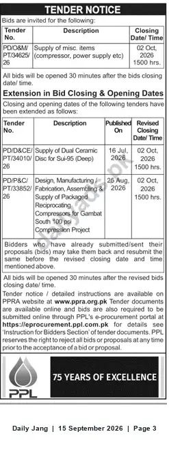 Newspaper clipping: PPL Tender Notice — Supply & Compressor Packages (Closing 2026-10-02), Jang, 15 Sep 2026