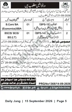 Newspaper clipping: Vacancies (BPS-15, BPS-14) — Anti-Terrorism Court, Toshki (Balochistan), Jang, 15 Sep 2026