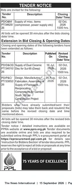 Newspaper clipping: PPL Tender Notice — Supply, Fabrication & Equipment Tenders Closing 2026-10-02, The News International, 15 Sep 2026