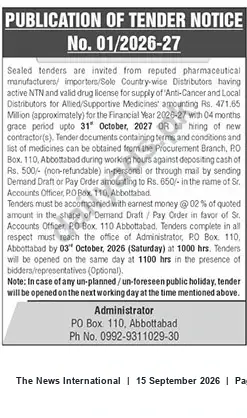 Newspaper clipping: Tender No. 01/2026-27: Supply of Anti-Cancer & Allied/Supportive Medicines – Abbottabad, The News International, 15 Sep 2026