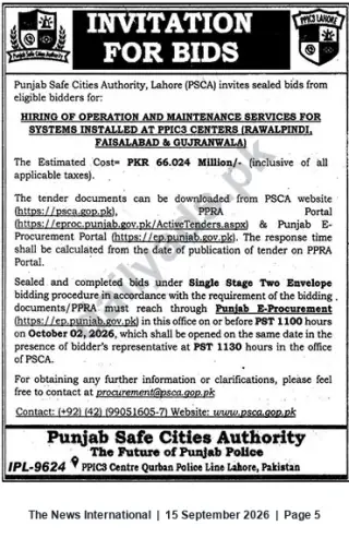 Newspaper clipping: PSCA Lahore Tender: O&M Services for Systems at PPIC3 Centers (Rawalpindi, Faisalabad & Gujranwala), The News International, 15 Sep 2026