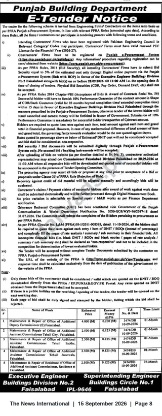 Newspaper clipping: Punjab Building Department E‑Tender — Maintenance & Repair Works, Buildings Division No.2, Faisalabad, The News International, 15 Sep 2026