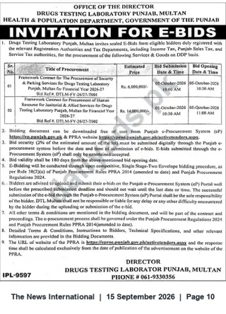 Newspaper clipping: Drugs Testing Laboratory Punjab, Multan — Invitation for E‑Bids for Security, Parking, Janitorial & Allied Services (FY 2026‑27), The News International, 15 Sep 2026