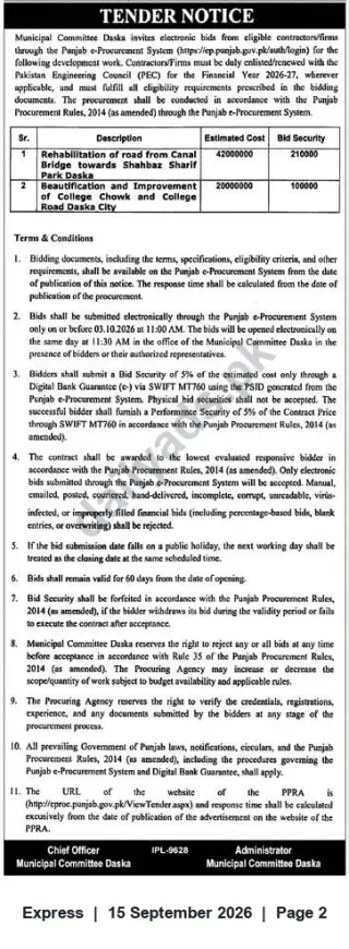 Newspaper clipping: Municipal Committee Daska Tender: Road Rehabilitation & College Chowk Beautification (Closing 2026-10-03), Express, 15 Sep 2026