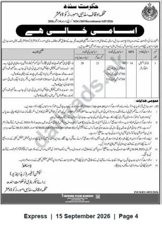 Newspaper clipping: Government of Sindh — Auqaf (Religious Affairs & Zakat) Department Recruitment Notice, Express, 15 Sep 2026