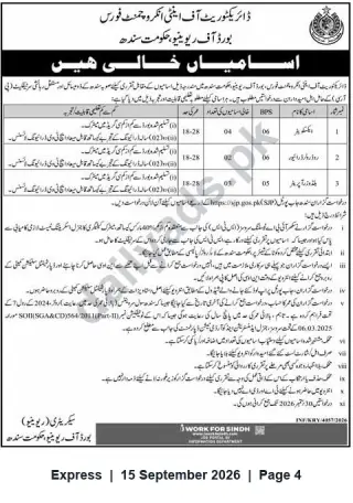 Newspaper clipping: Vacancies — Board of Revenue, Government of Sindh, Express, 15 Sep 2026