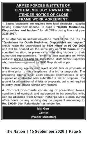 Newspaper clipping: Tender: Supply of Ophthalmic Medicines, Disposables & Implants (AFIO Rawalpindi) 2026-27, The Nation, 15 Sep 2026