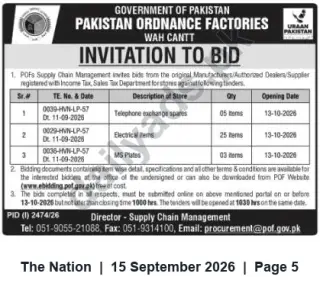 Newspaper clipping: POF Wah Cantt Invitation to Bid — Telephone Exchange Spares, Electrical Items & MS Plates (Closing 2026-10-13), The Nation, 15 Sep 2026