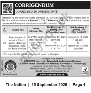 Newspaper clipping: Corrigendum — COMSATS Abbottabad Tender for Printed Exam Stationery (Bid Deadline 2026-09-17), The Nation, 15 Sep 2026