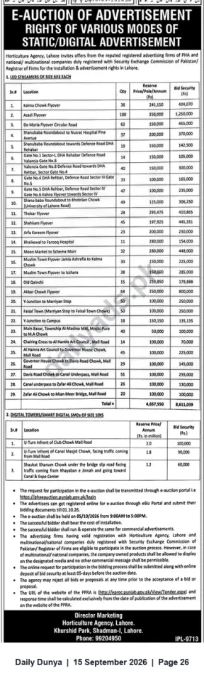 Newspaper clipping: E-Auction: Advertisement Rights for Static & Digital Sites in Lahore – Horticulture Agency, Dunya, 15 Sep 2026