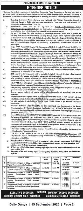 Newspaper clipping: Punjab Building Department E‑Tender Notice — Maintenance & Repair Works, Faisalabad, Dunya, 15 Sep 2026