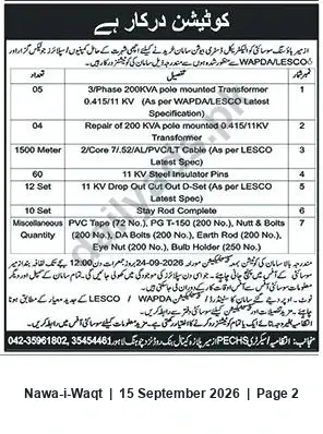 Newspaper clipping: Tender: Supply and Repair of 0.415/11 kV Pole‑Mounted Transformers & Distribution Materials (LESCO/WAPDA), Nawa-i-Waqt, 15 Sep 2026