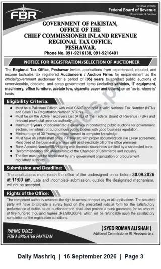 Newspaper clipping: FBR Regional Tax Office Peshawar Invites Applications for Empanelment of Auctioneers, Daily Mashriq, 16 Sep 2026