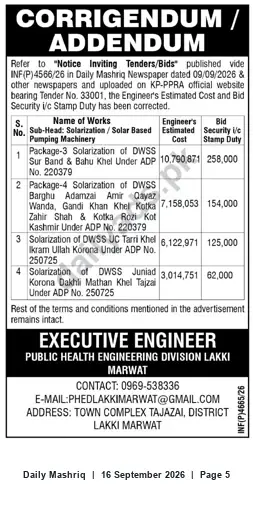 Newspaper clipping: Corrigendum: Tender No. 33001 — Solarization Works (DWSS) — PHED Lakki Marwat, Daily Mashriq, 16 Sep 2026