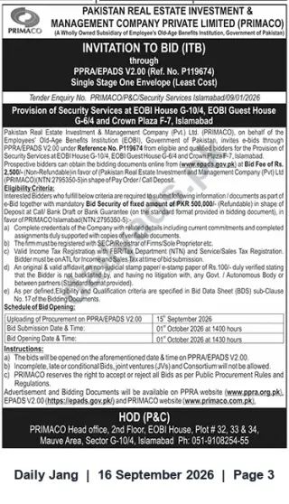 Newspaper clipping: PRIMACO Tender: Security Services for EOBI Guest Houses & Crown Plaza Islamabad — Bid by 2026-10-01, Jang, 16 Sep 2026