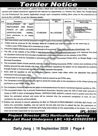 Newspaper clipping: Tender: Development of Ship Restaurant & Picnic Points at LBC, Lahore (Horticulture Work), Jang, 16 Sep 2026