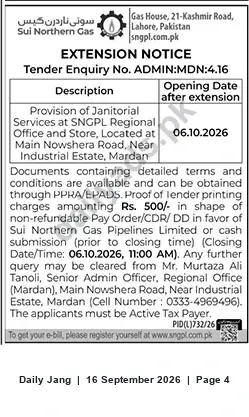 Newspaper clipping: SNGPL Extension Notice: Tender for Janitorial Services at Mardan Regional Office (Closing 2026-10-06), Jang, 16 Sep 2026