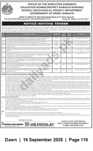 Newspaper clipping: Notice Inviting Tender — Executive Engineer, Education Works District Korangi, Karachi, Dawn, 16 Sep 2026
