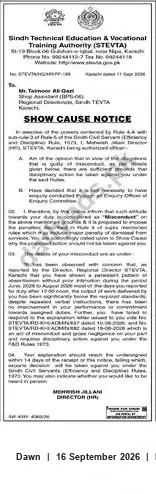Newspaper clipping: Sindh TEVTA Show-Cause Notice Issued to Mr. Taimoor As Gari (Karachi), Dawn, 16 Sep 2026