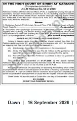 Newspaper clipping: Notice of Petition — High Court of Sindh, Karachi, Dawn, 16 Sep 2026