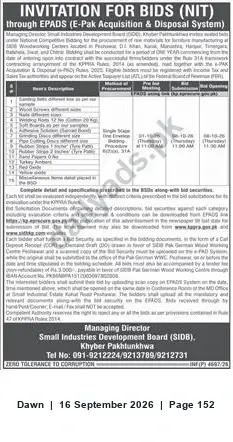 Newspaper clipping: SIDB Invitation for Bids via ePADS for MCO Woodworking Centers Procurement (Khyber Pakhtunkhwa), Dawn, 16 Sep 2026