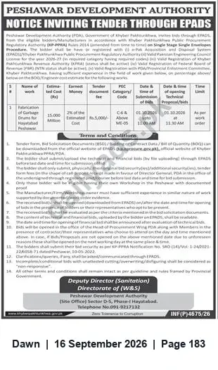 Newspaper clipping: Peshawar Development Authority Tender — Fabrication of Garbage Drums (Hayatabad), Dawn, 16 Sep 2026