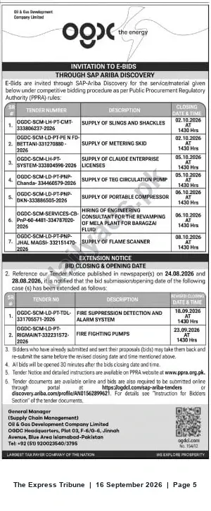 Newspaper clipping: OGDCL Invitation to E‑Bids via SAP Ariba Discovery – Multiple Supply & Service Tenders (Oct 2026), The Express Tribune, 16 Sep 2026