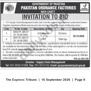 Newspaper clipping: POF Wah Cantt Invitation to Bid — A.R. Material and D.N.T (Closing 2026-10-20), The Express Tribune, 16 Sep 2026