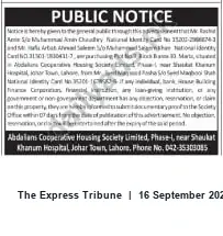 Newspaper clipping: Public Notice — Abdalans Cooperative Housing Society Limited, Johar Town, Lahore, The Express Tribune, 16 Sep 2026