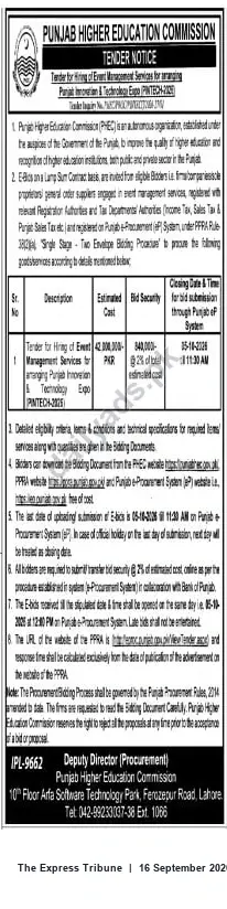 Newspaper clipping: PHEC Tender: Event Management Services for Punjab Information Technology Expo (PITExpo) 2023-24, The Express Tribune, 16 Sep 2026
