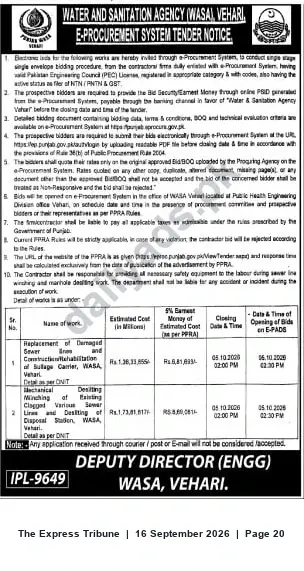 Newspaper clipping: WASA Vehari e‑Procurement Tender Notice — Sewerage Works & Desilting, The Express Tribune, 16 Sep 2026