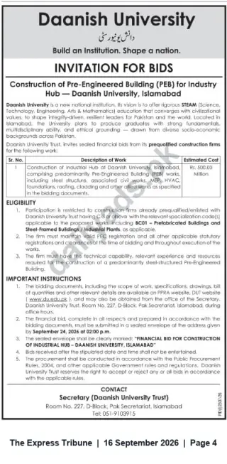 Newspaper clipping: Tender: Construction of Pre‑Engineered Building (PEB) for Industry Hub — Daanish University, Islamabad, The Express Tribune, 16 Sep 2026