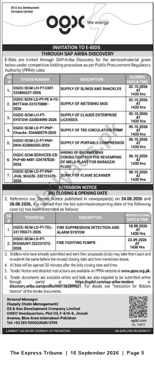 Newspaper clipping: OGDC Invitation to E‑Bids via SAP‑Ariba – Supply & Services Tenders (Closing 2026-10-08), The Express Tribune, 16 Sep 2026