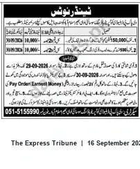 Newspaper clipping: Tender Notice — Pay Order (Earnest Money) Required, The Express Tribune, 16 Sep 2026