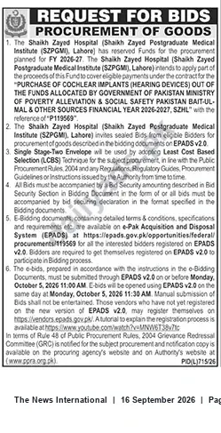 Newspaper clipping: Shaikh Zayed Hospital Lahore Tender for Purchase of Cochlear Implants (P119569) — Bid Deadline 2026-10-05, The News International, 16 Sep 2026