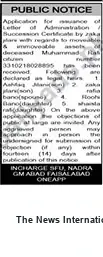 Newspaper clipping: Public Notice: Succession Certificate Application for deceased Muhammad (ID 0010218028895), The News International, 16 Sep 2026