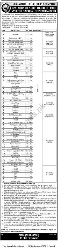 Newspaper clipping: PESCO Peshawar Invitation to e-Bids for Disposal of Surplus Electrical Assets (EPADS v2.0), The News International, 16 Sep 2026