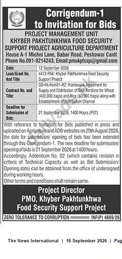 Newspaper clipping: Corrigendum: Framework Agreement GD-FA-Fert-01-R2 for Supply & Distribution of DAP Fertilizer — Submission Extended to 21 Sept 2026, The News International, 16 Sep 2026