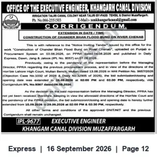 Newspaper clipping: Corrigendum: Extension — Construction of Chander Bhan Flood Bund on River Chenab, Express, 16 Sep 2026