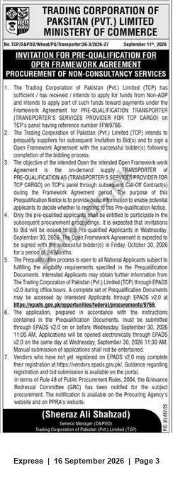 Newspaper clipping: TCP Invitation for Pre-Qualification — Transporter Services for TCP Cargo (Open Framework Agreement), Express, 16 Sep 2026