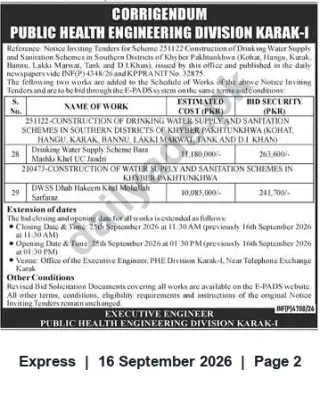 Newspaper clipping: Corrigendum: Tender Extension & Added Works – PHE Division Karak-I (Scheme 251122), Express, 16 Sep 2026