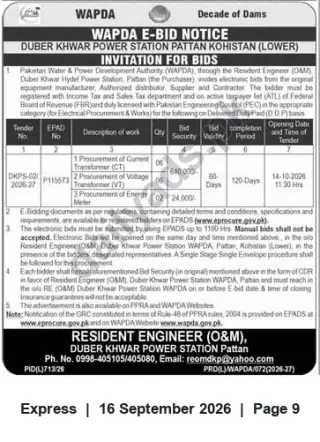 Newspaper clipping: WAPDA E-Bid: Procurement of CTs, VTs and Energy Meters for Duber Khwar Power Station — Tender closing 2026-10-14, Express, 16 Sep 2026