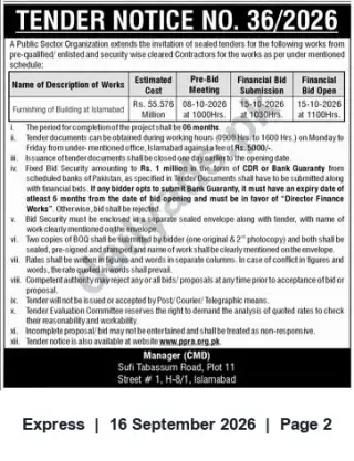 Newspaper clipping: Tender No. 36/2026 — Furnishing of Building in Islamabad (Estimated Rs. 55.576 Million), Express, 16 Sep 2026