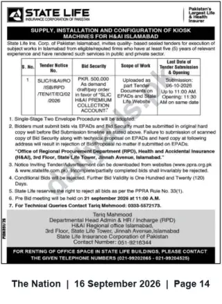 Newspaper clipping: State Life Tender: Supply, Installation & Configuration of Kiosk Machines for H&A Islamabad, The Nation, 16 Sep 2026