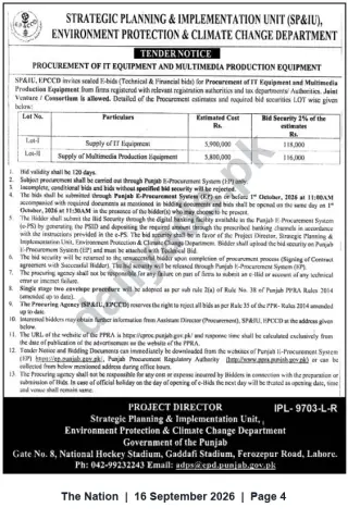 Newspaper clipping: Tender: Procurement of IT Equipment & Multimedia Production Equipment — Environment Protection & Climate Change Department, Punjab, The Nation, 16 Sep 2026