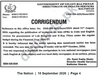 Newspaper clipping: Corrigendum: Tender Opening Date Extended for Procurement of Lab Reagents & X‑Ray Films — Directorate of Health Services, Baltistan, The Nation, 16 Sep 2026