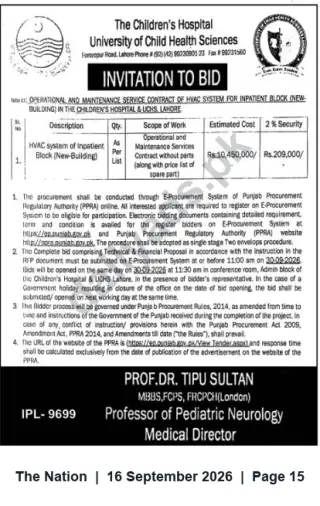 Newspaper clipping: Invitation to Bid: HVAC Operation & Maintenance Service Contract — The Children's Hospital & UCHS Lahore, The Nation, 16 Sep 2026
