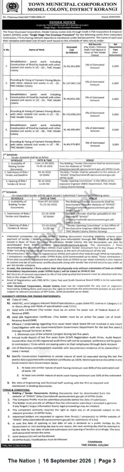 Newspaper clipping: TMC Model Colony Korangi Tender: Road Rehabilitation & Cement Paving Works (6 Packages), The Nation, 16 Sep 2026