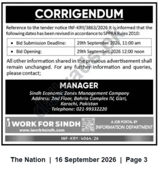 Newspaper clipping: Corrigendum — SEZMC Tender INF-KRY/3863/2026: Revised Bid Submission & Opening Dates, The Nation, 16 Sep 2026