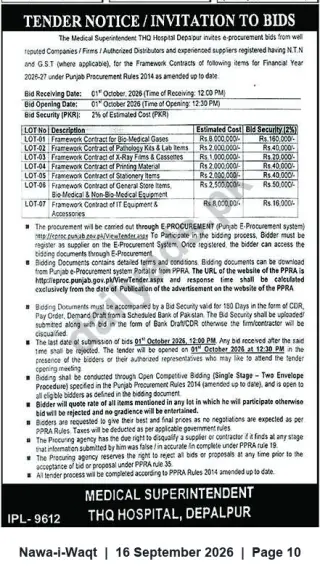 Newspaper clipping: THQ Hospital Depalpur Tender — Framework Contracts for Medical & General Supplies (Closing 2026-10-01), Nawa-i-Waqt, 16 Sep 2026